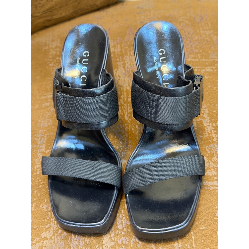 Gucci Black Leather Elastic Wedge Platform Sandals Buckle 106 4009 Size 36 C